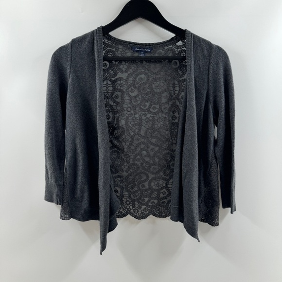 American Eagle Outfitters Sweaters - American Eagle Charcoal Grey Lace Back Cardigan Cover Up Women’s Size Small